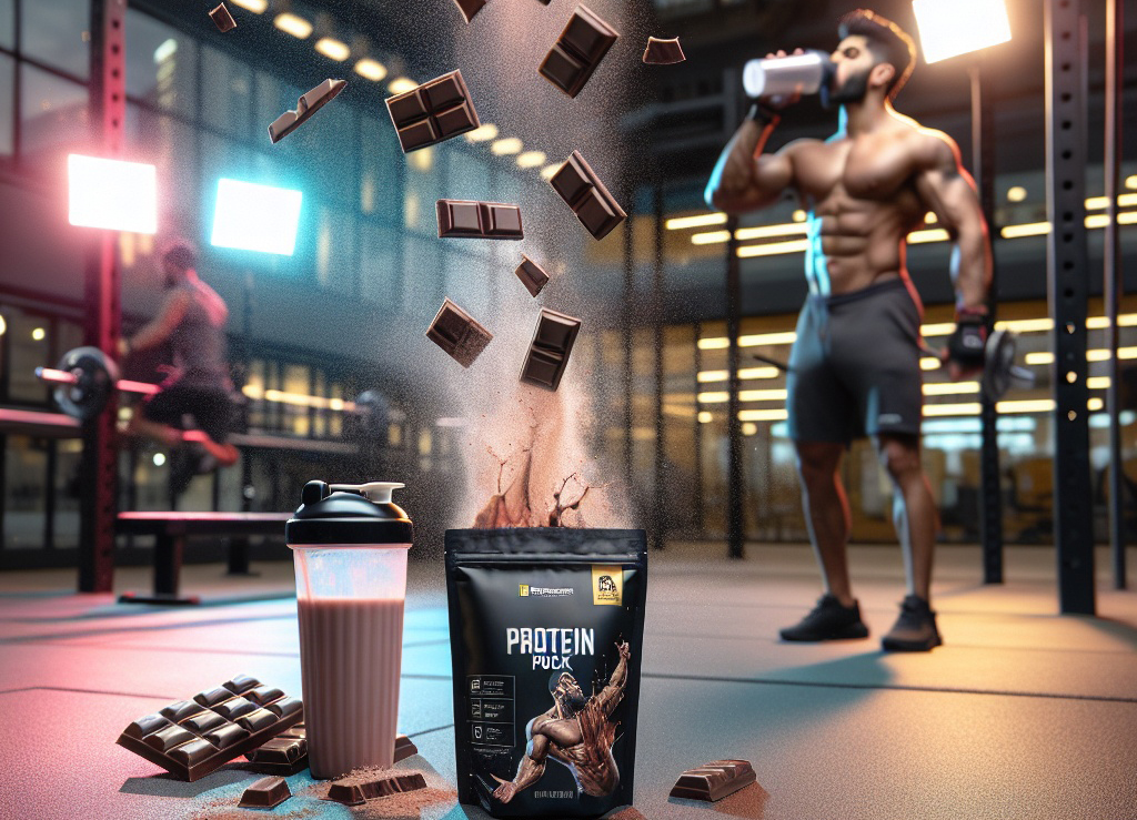 Bokeh photo of protein pouch on gym table with some chocolate bar pieces flying and bodybuilder male drink from shaker